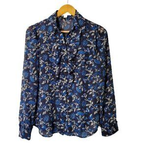 Michael Kors Navy Floral Ruffled Long Sleeve Blouse Size XS​​